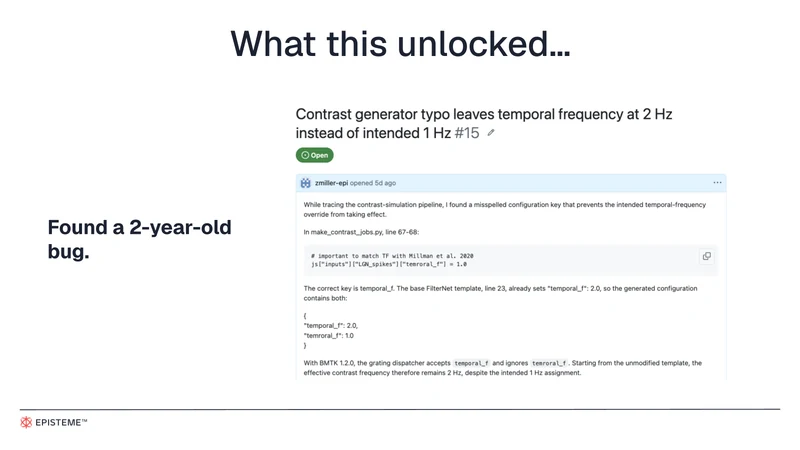 A misspelled parameter left the stimulus at 2 Hz instead of the intended 1 Hz, showing how an implementation error can change the experiment