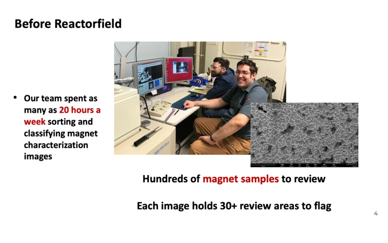 Laboratory characterization and a magnet micrograph illustrate the sample-review task that previously occupied up to 20 hours of the team’s week