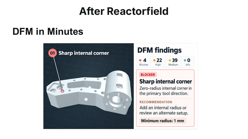 Jakob Knudsen demonstrates a CAD review flagging an unmanufacturable internal corner.